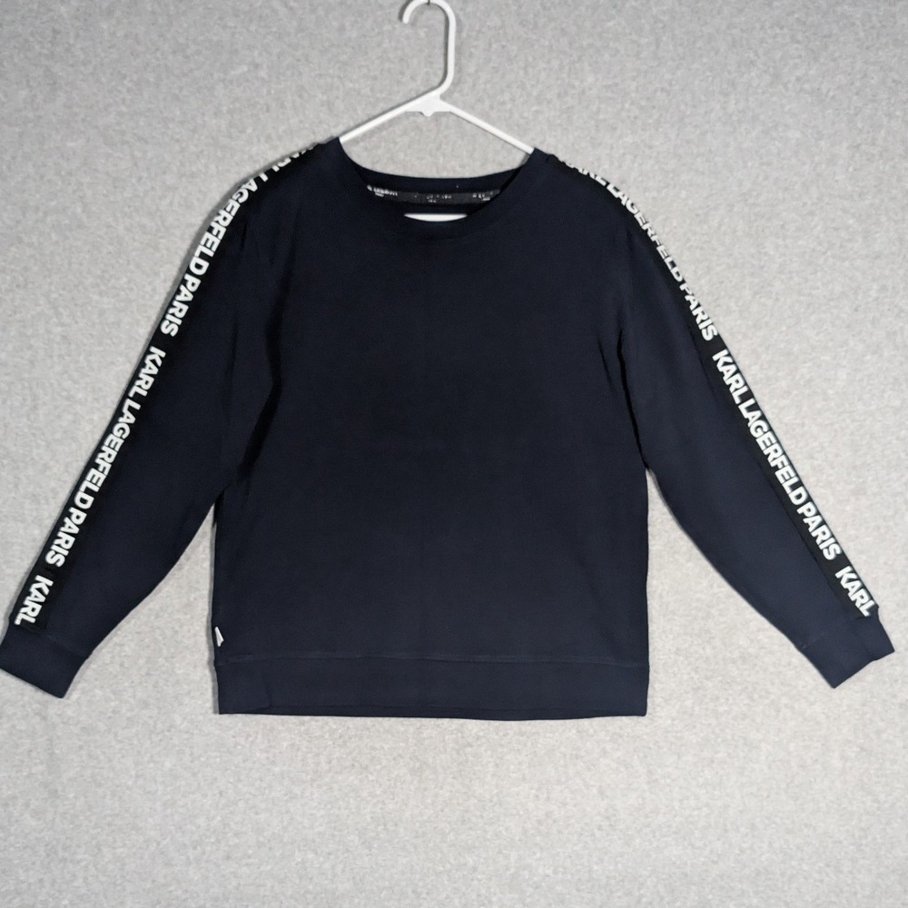 Karl Lagerfeld Paris Sweatshirt Womens S Navy Blue Tape Sleeves Designer Casual